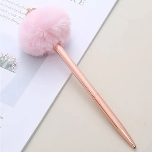 Rose Gold Ballpoint Pen with Pink Puff Pom Pom